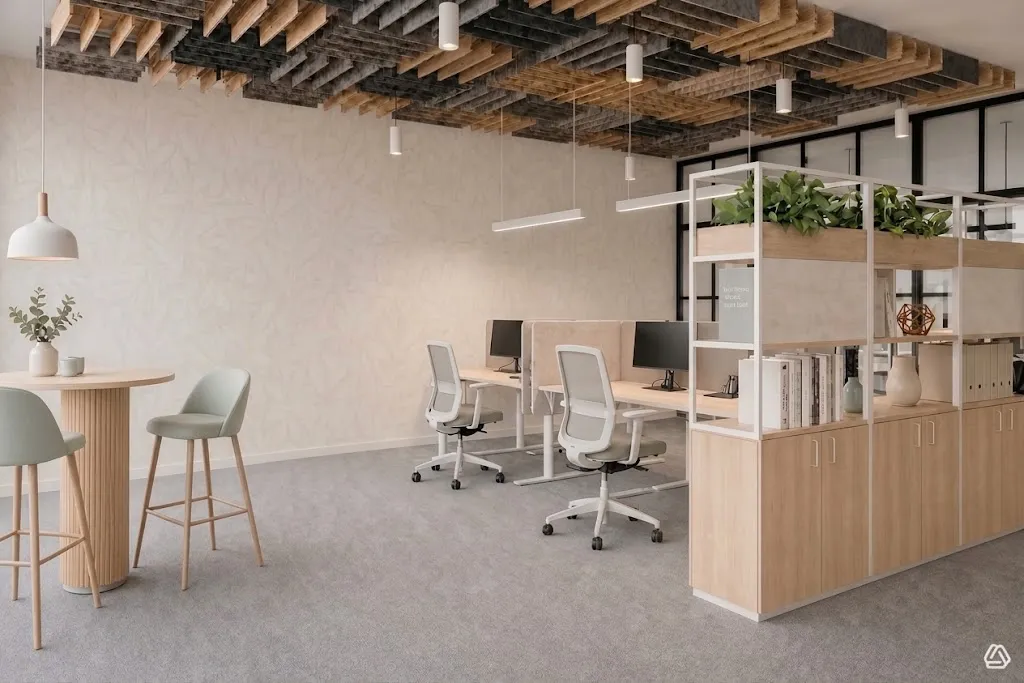 Fertig eingerichtetes Großraumbüro mit Arbeitsplätzen, Regalwand mit Pflanzen und Stehtisch